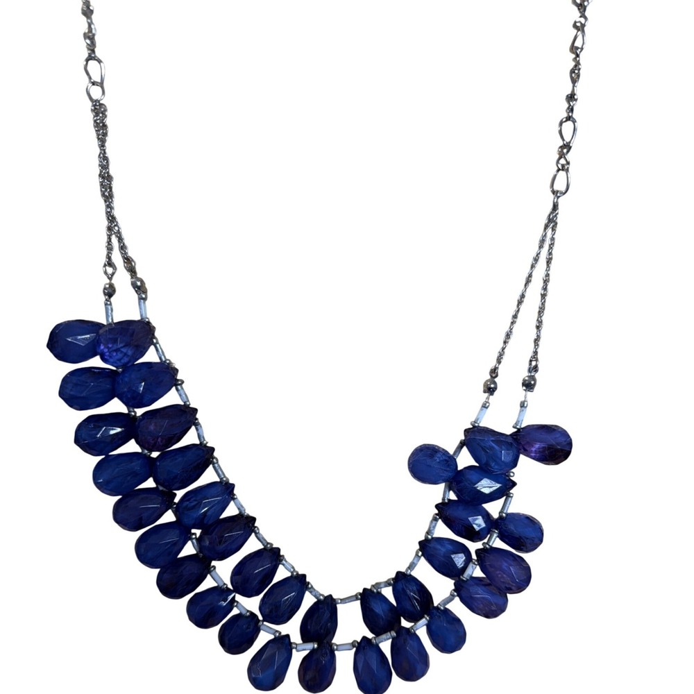 Loft Cobalt Blue Faceted Teardrop Double Strand Bib  Necklace Silver Tone‎